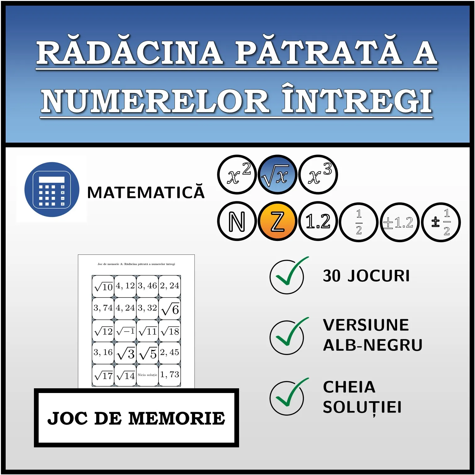 Joc de memorie: Rădăcina pătrată a numerelor întregi