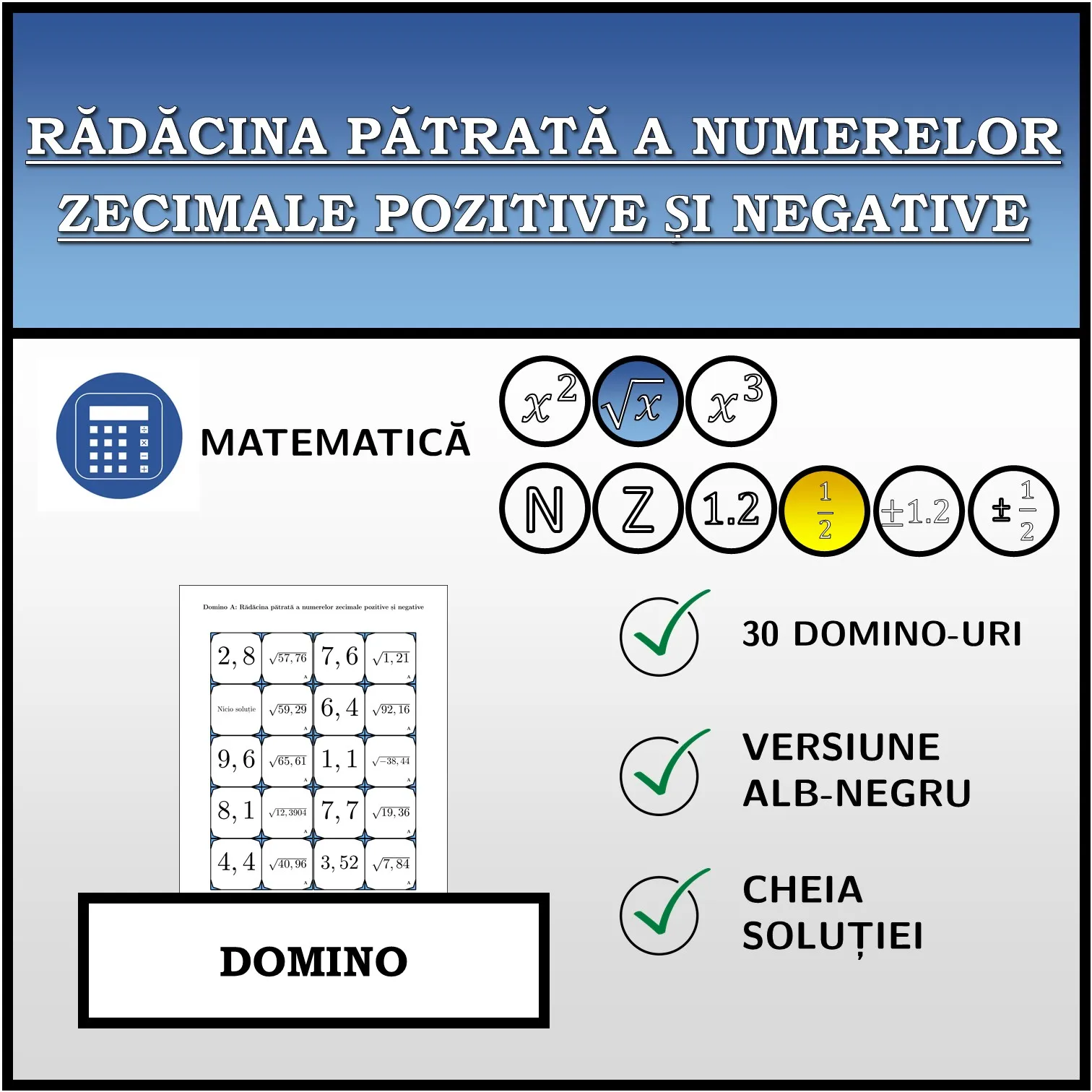 Domino: Rădăcina pătrată a numerelor zecimale pozitive și negative
