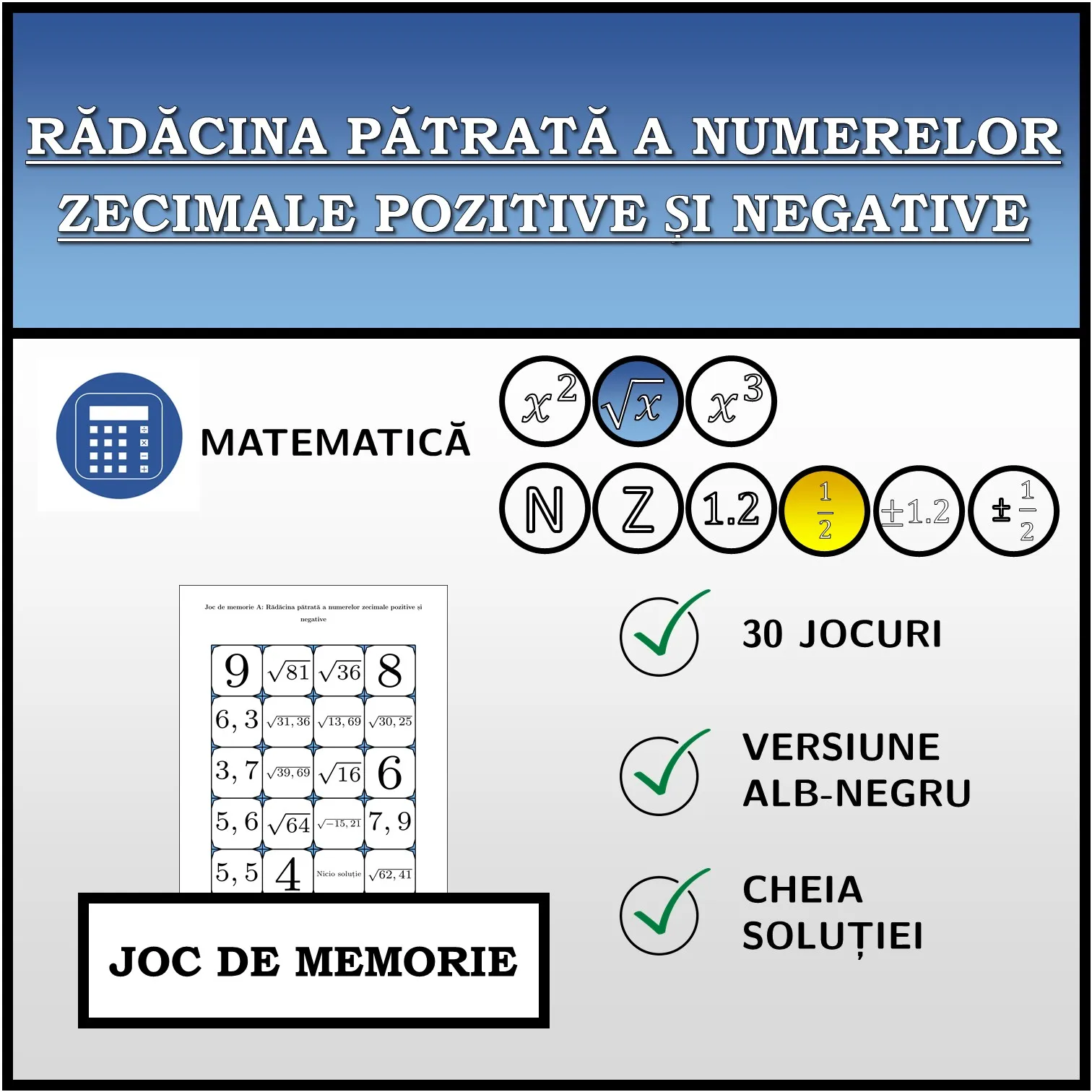 Joc de memorie: Rădăcina pătrată a numerelor zecimale pozitive și negative