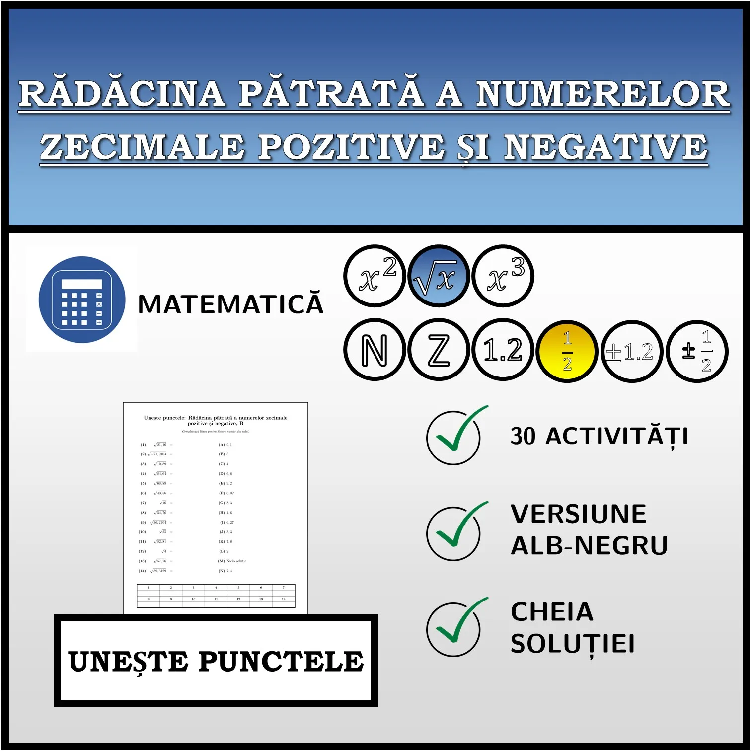 Exercițiu de asociere: Rădăcina pătrată a numerelor zecimale pozitive și negative