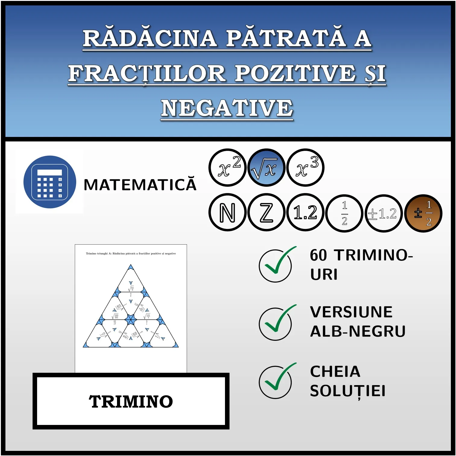 Trimino: Rădăcina pătrată a fracțiilor pozitive și negative