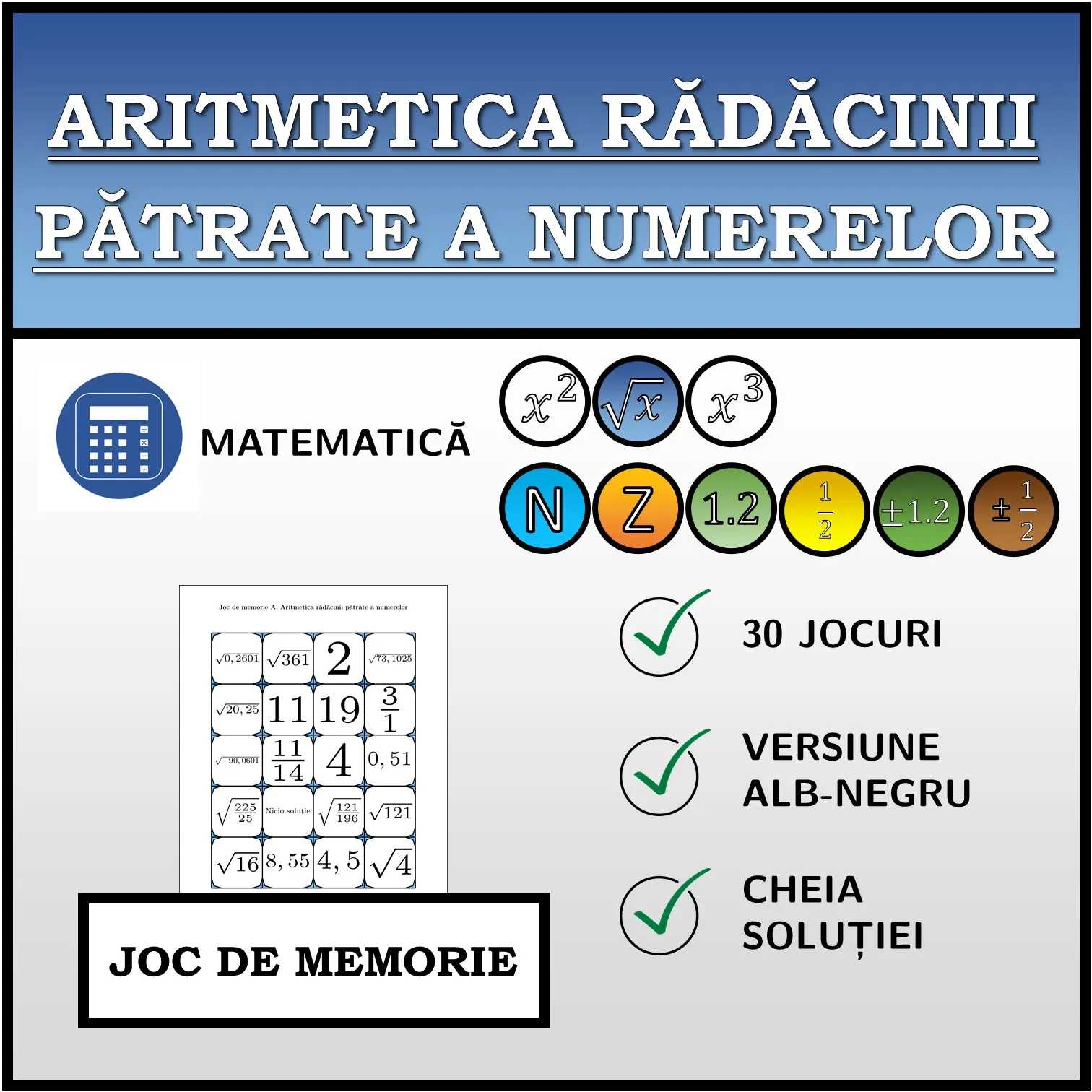 Joc de memorie: Aritmetica rădăcinii pătrate a numerelor