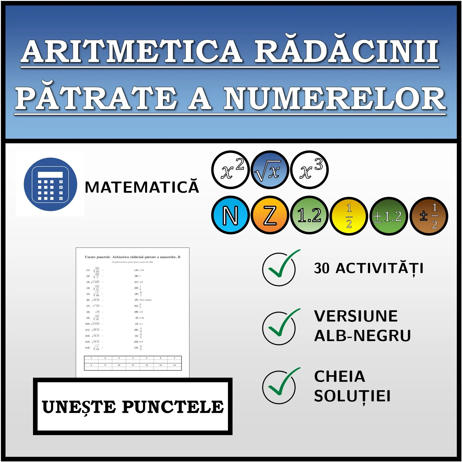 Exercițiu de asociere: Aritmetica rădăcinii pătrate a numerelor