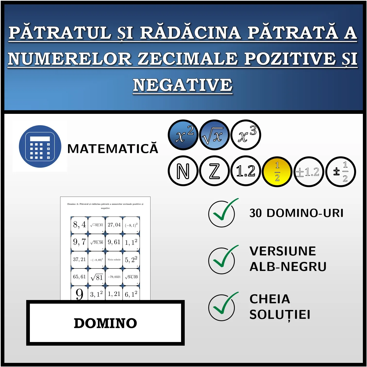 Domino: Pătratul și rădăcina pătrată a numerelor zecimale pozitive și negative